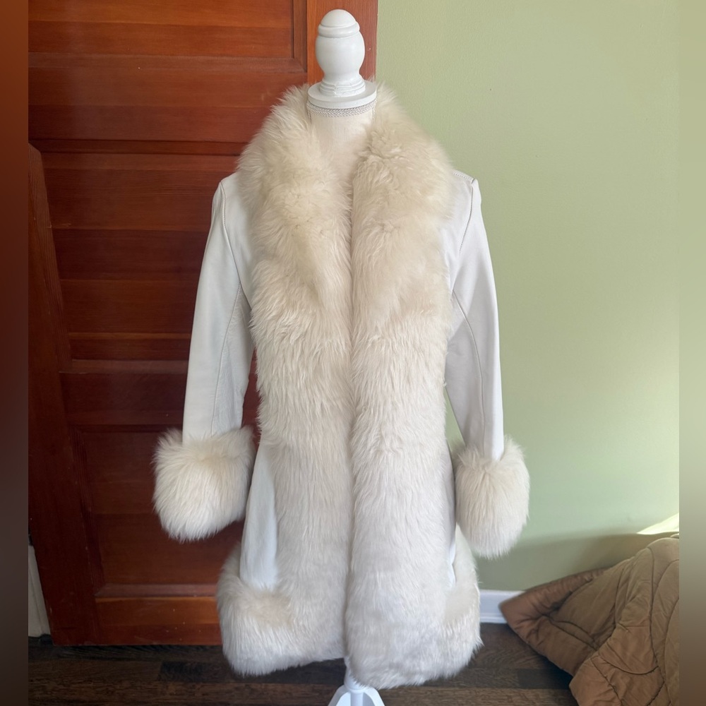 White Leather Penny Lane Lamb Fur Coat - Size Small - Made in England!